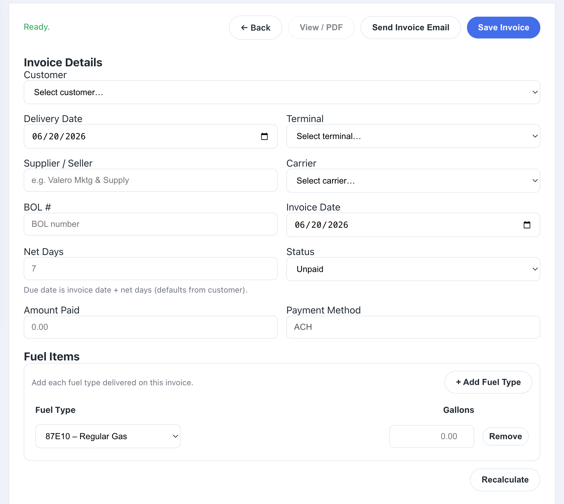 Invoicing in FuelJobberX
