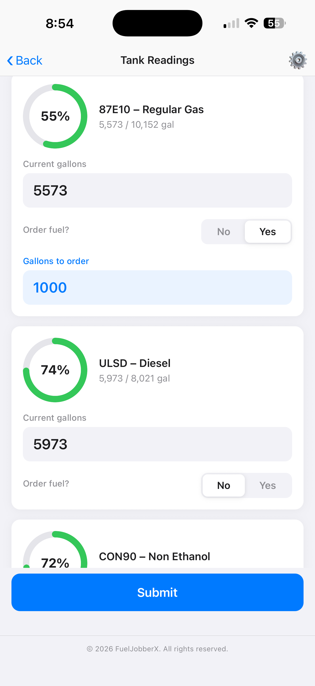 Tank readings in FuelJobberX Pulse